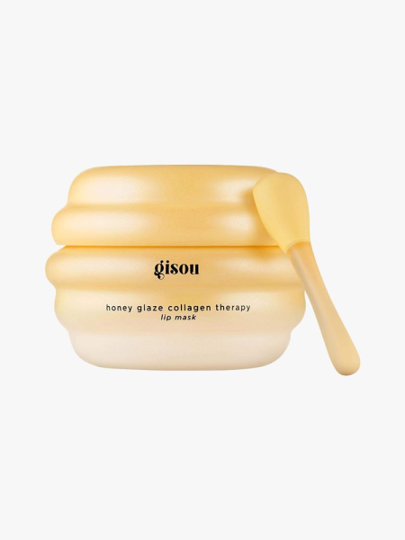 Gisou Honey Glaze Collagen Therapy Lip Mask yellow honeycomb shaped jar on light gray background